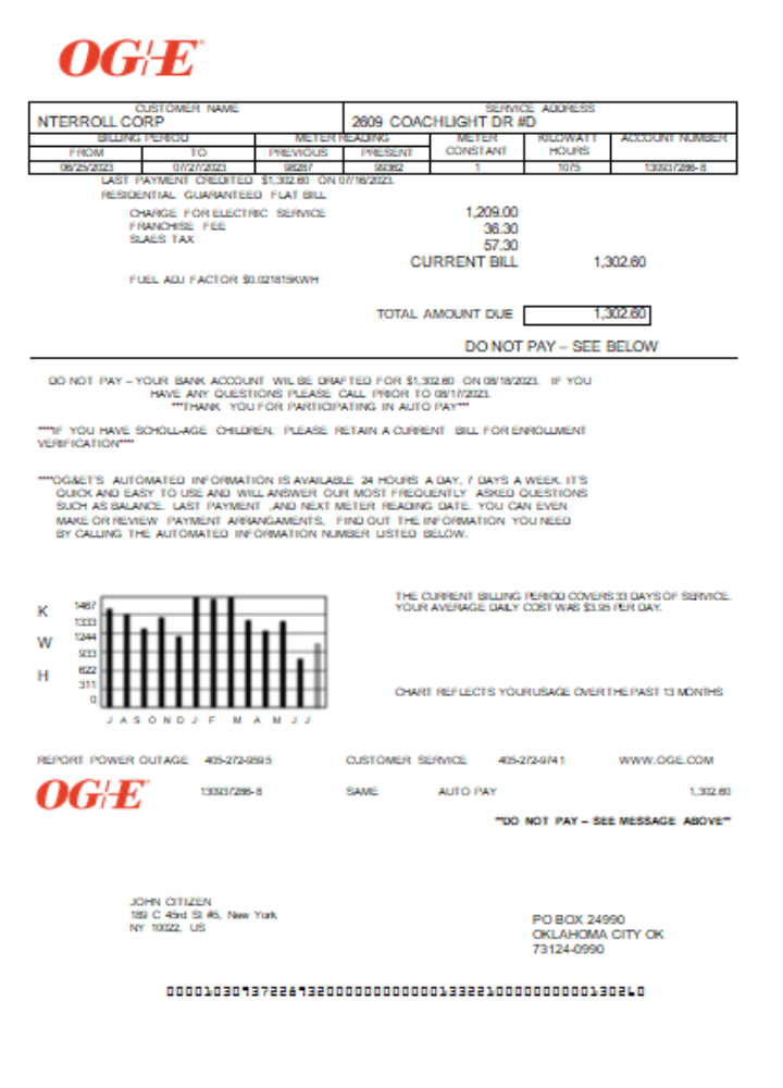 Oklahoma OGE Energy utility business bill SCR PSD template
